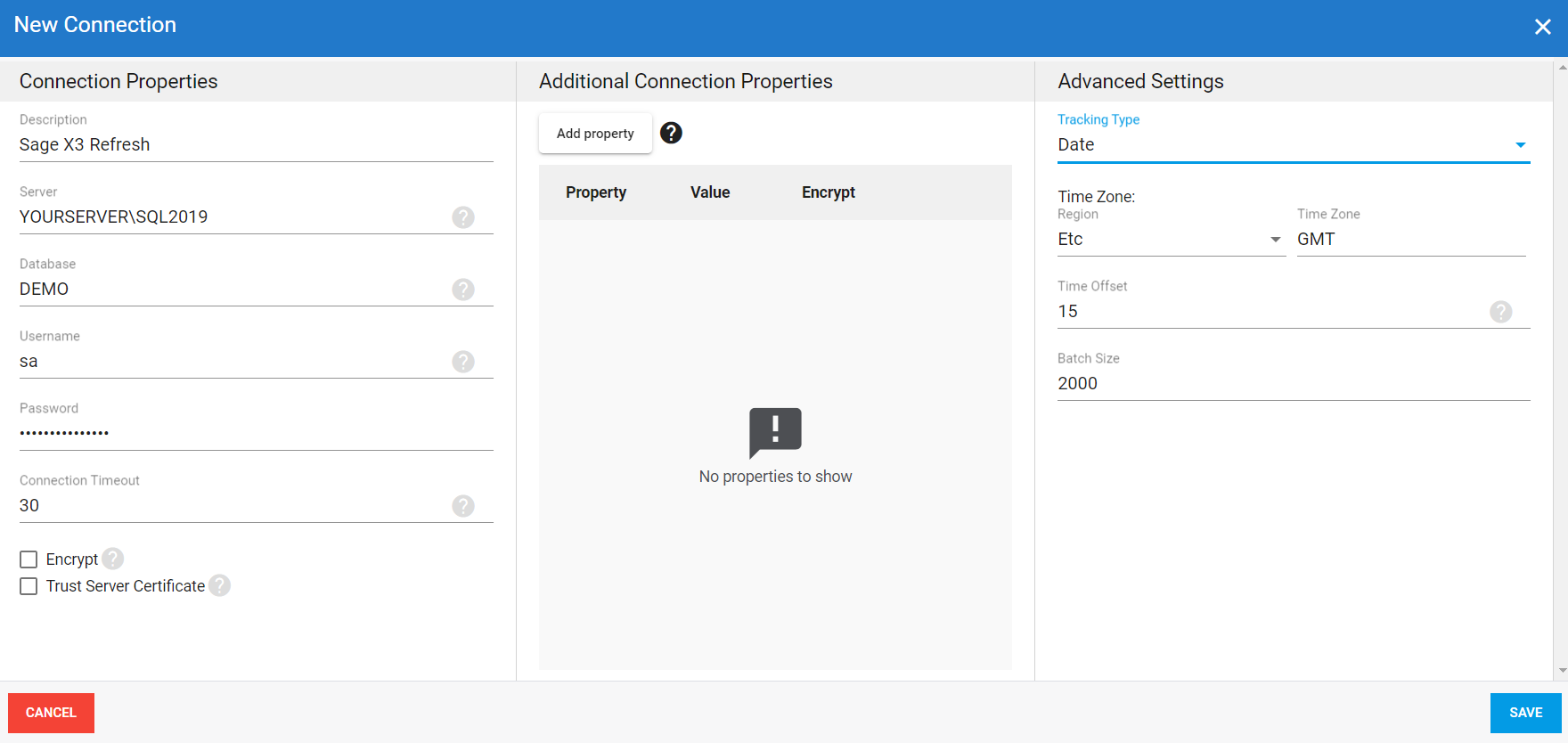 Source connection setup for Sage X3 ERP